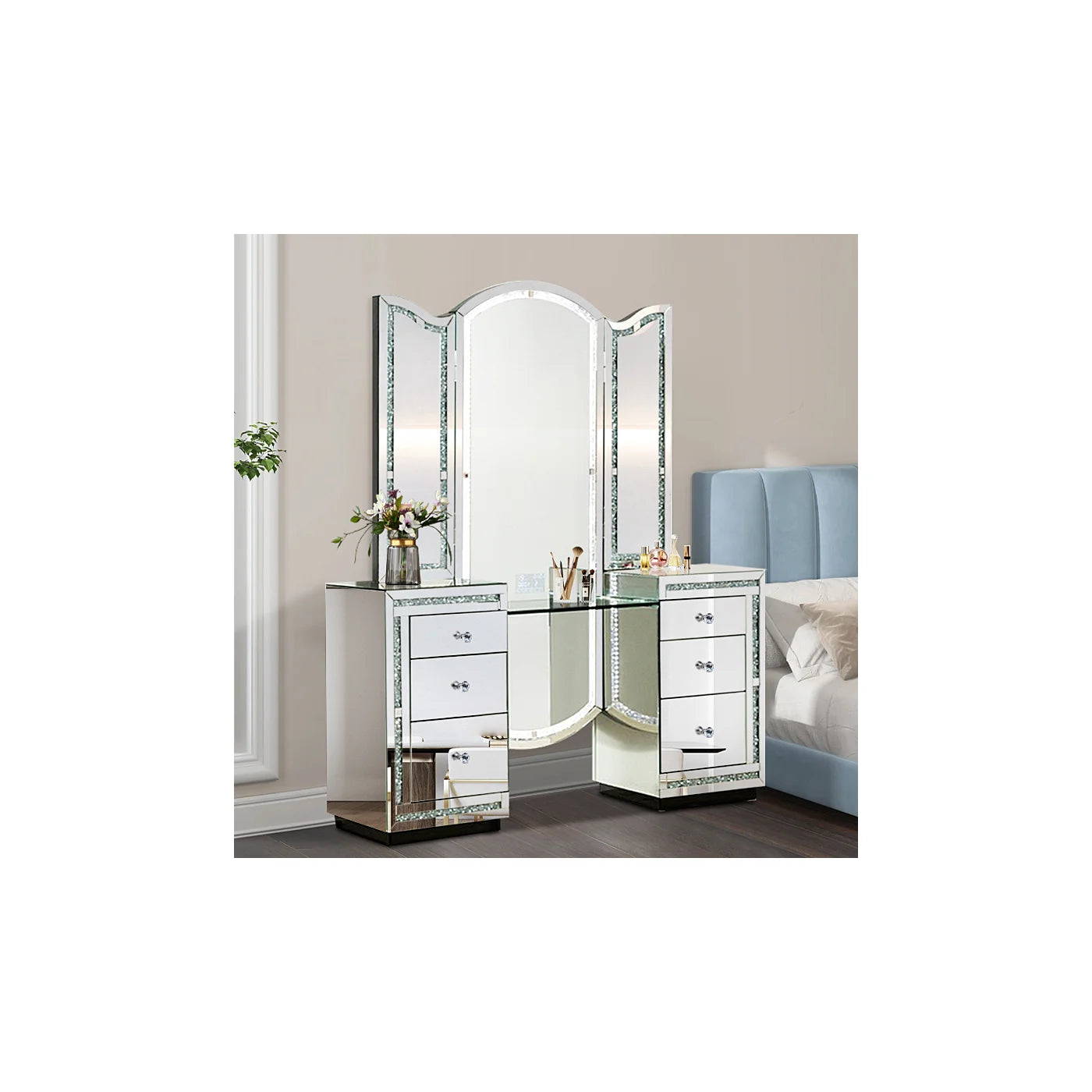 MIRRORED VANITY TABLE (59''X15.75''X72'') W/ LED LIGHT, TOUCH SCREEN, BLUETOOTH, SPEAKERS