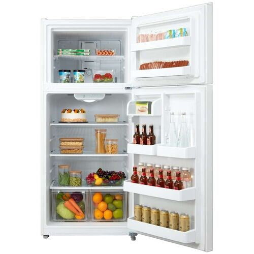Midea 18 CF Top Mount Refrigerator, Glass Shelves, Ice Maker Ready, ESTAR - White
