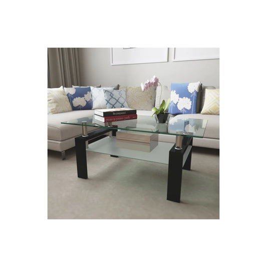 TEMPERED GLASS COFFEE TABLE -CLEAR/ BLACK (39.5" X 23.75" X 17.75") STAINLESS STEEL FRAME