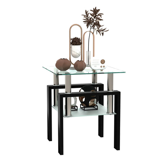 TEMPERED GLASS SIDE TABLE- CLEAR/ BLACK (17.75" X 17.75" X 20.5") STAINLESS STEEL