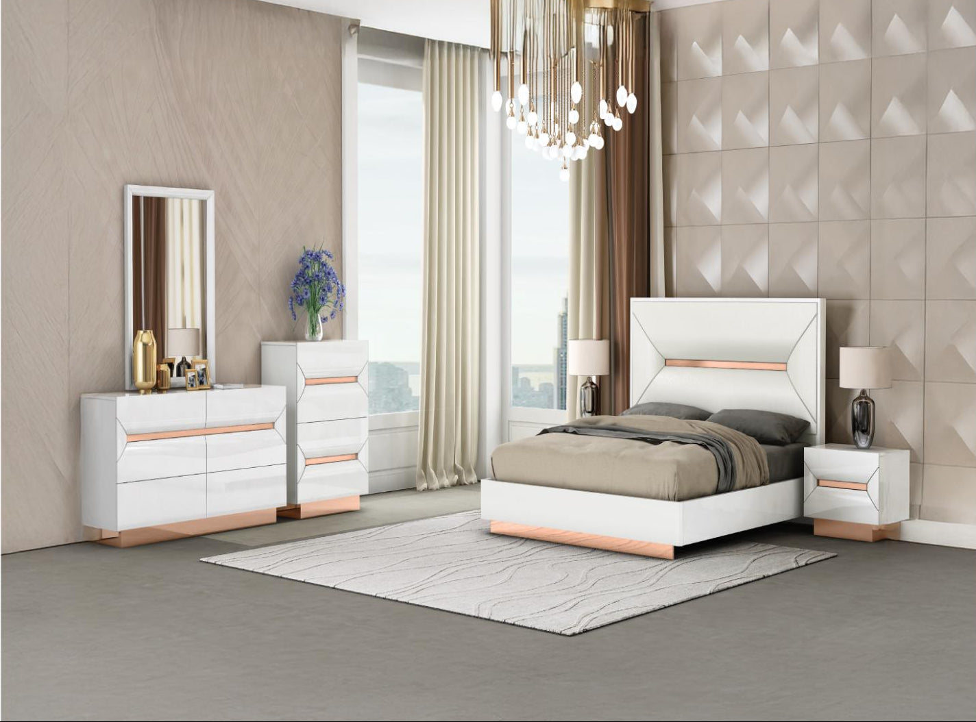 Modern bedroom with white furniture, including a bed, dresser, and mirror.