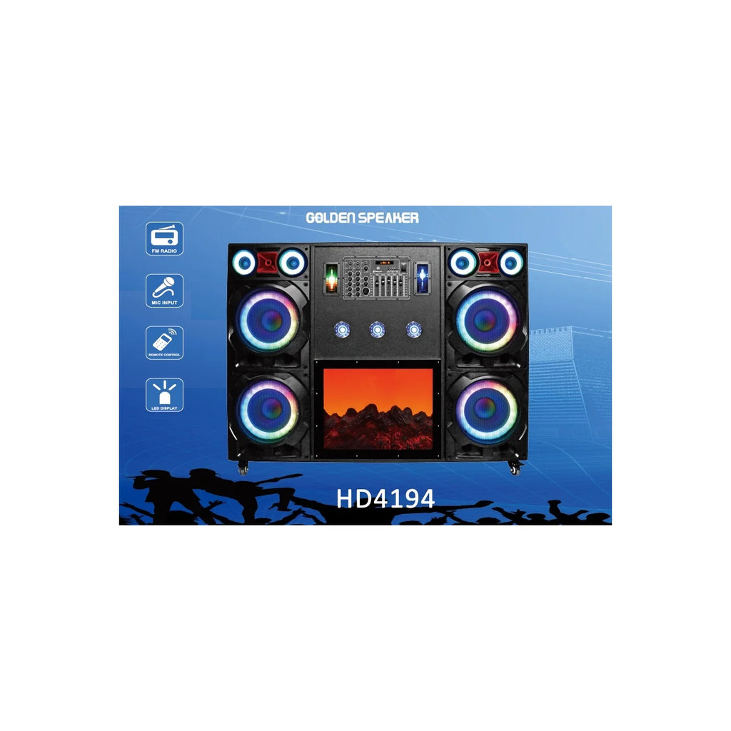 SPEAKER UNIT: 4*10 INCHRMS POWER:230WFUNCTION:BT/USB/TF/TWS/FM/AUXINPUT/MIC INPUT/LED LIGHT/FIREPL